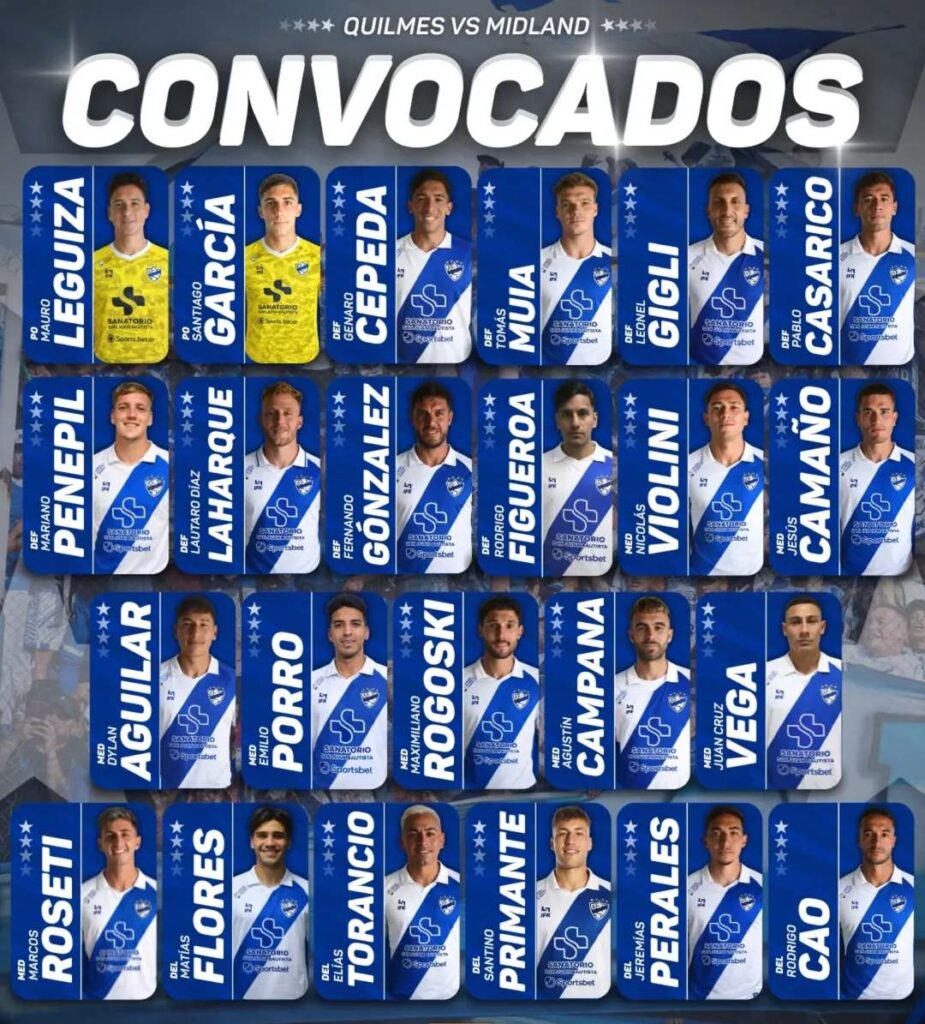 Lista de 24 jugadores convocados del Club Atlético Midland para enfrentar a Quilmes por la fecha 2 de la Primera Nacional 2026. La placa oficial, publicada el viernes 20 de febrero, incluye a los arqueros Leguiza y García; defensores como Cepeda, Muia y Gigli; mediocampistas como Figueroa, Violini y Camaño; y delanteros como Primante, Perales y Cao.