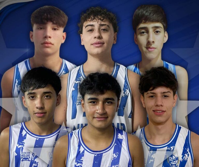 Imagen promocional titulada "NUESTROS 3X3" que presenta a los juveniles de la categoría U17 del Club Atlético Midland. La gráfica muestra a tres jugadores con la camiseta oficial de básquet, blanca con bastones azules y el escudo del club. En el centro destaca el texto "3X3" en azul. A los laterales se encuentran los nombres de los seis representantes: Matías Otero, Máximo Acuña, Santino Smurra, Bautista Burelli, Aron Albornoz y Thiago Martínez. En la parte inferior se incluyen los logos de la Liga Federal y el escudo de la institución