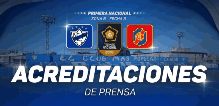 Flyer informativo de color azul sobre las Acreditaciones de Prensa para un partido de fútbol de la Primera Nacional 2026 (Zona B - Fecha 3) en Argentina