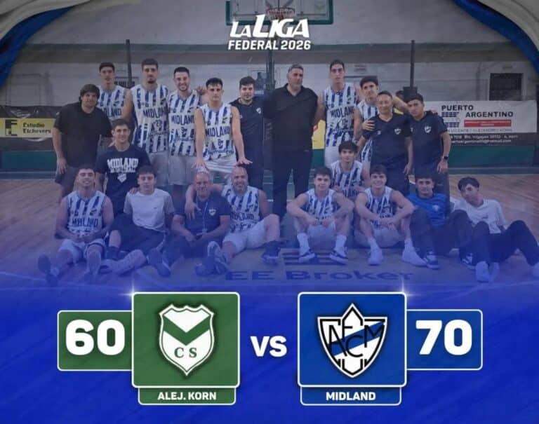 "Placa final del partido entre Alejandro Korn y Midland por La Liga Federal 2026. De fondo, el equipo completo de Midland posando tras la victoria. Abajo, los escudos y el resultado definitivo: triunfo de Midland por 70 a 60 en condición de visitante
